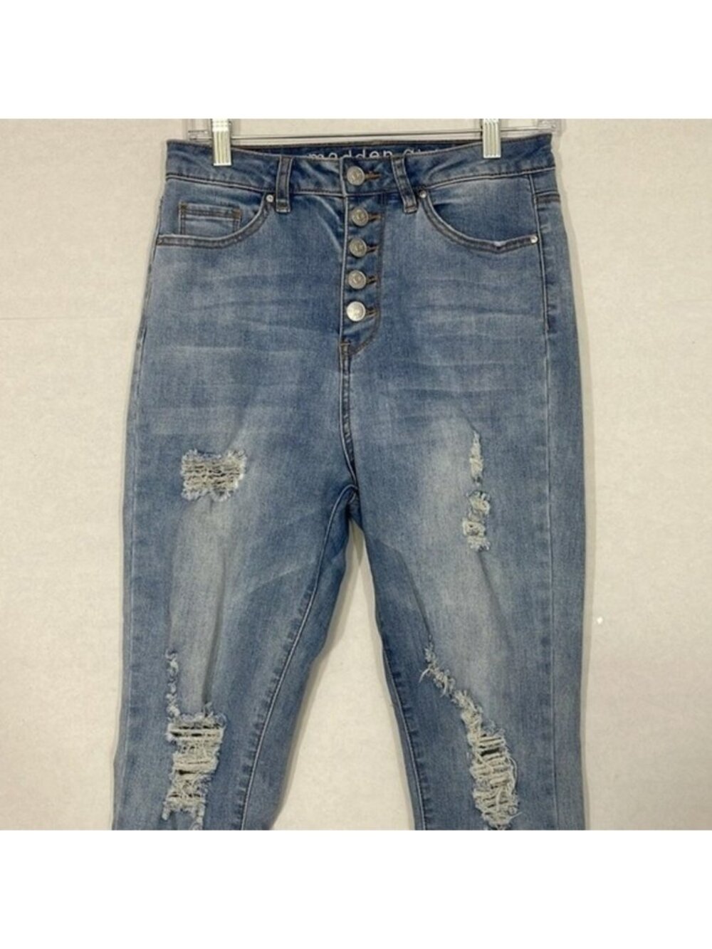 Madden Girl Jeans, Distressed Button Fly Icon Ultra High Rise Skinny Blue 28